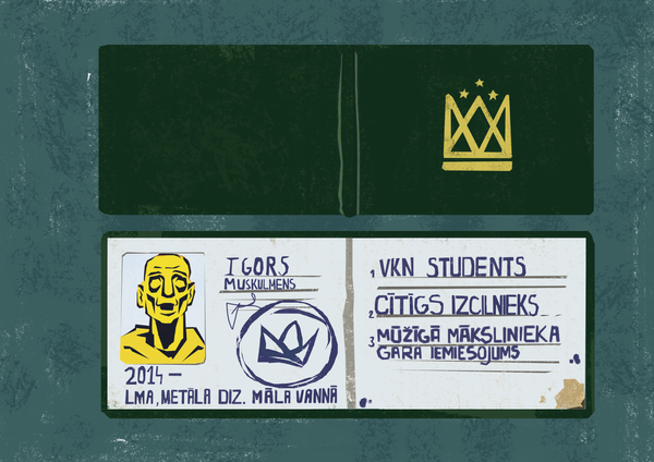 A illustration with a green-ish chalk texture backround and there are 2 Latvian art academy student id 